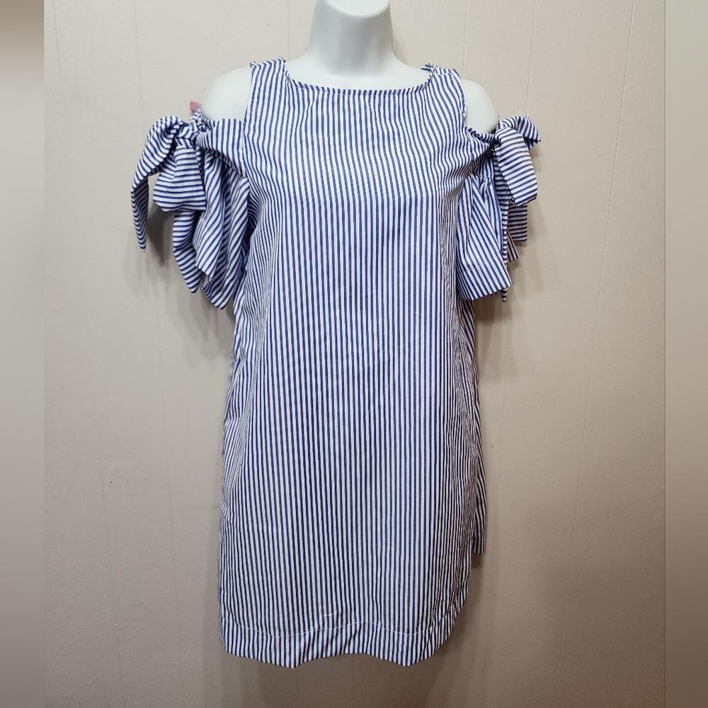 Rebellion Again Dress Small Striped Cold Shoulder Blue White Lightweight C340
